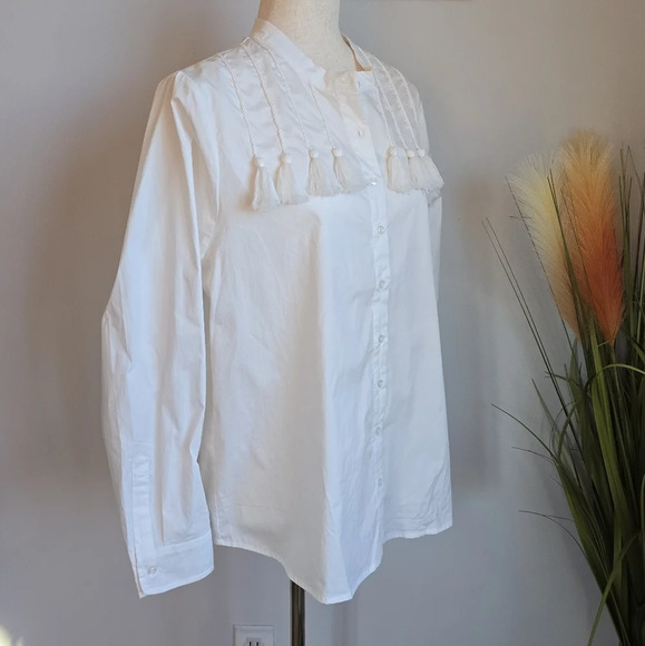 The Shirt Rochelle Behrens New White Tassel Cotton Button Front Shirt Size XL - Picture 5 of 11